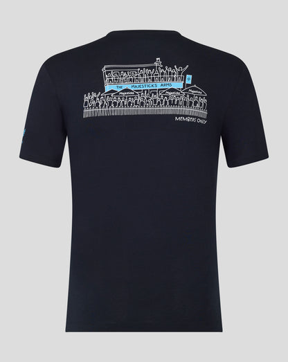 Back view of navy Majesticks Arms short sleeve tee with white crowd illustration and blue banner reading The Majesticks Arms and Members Only