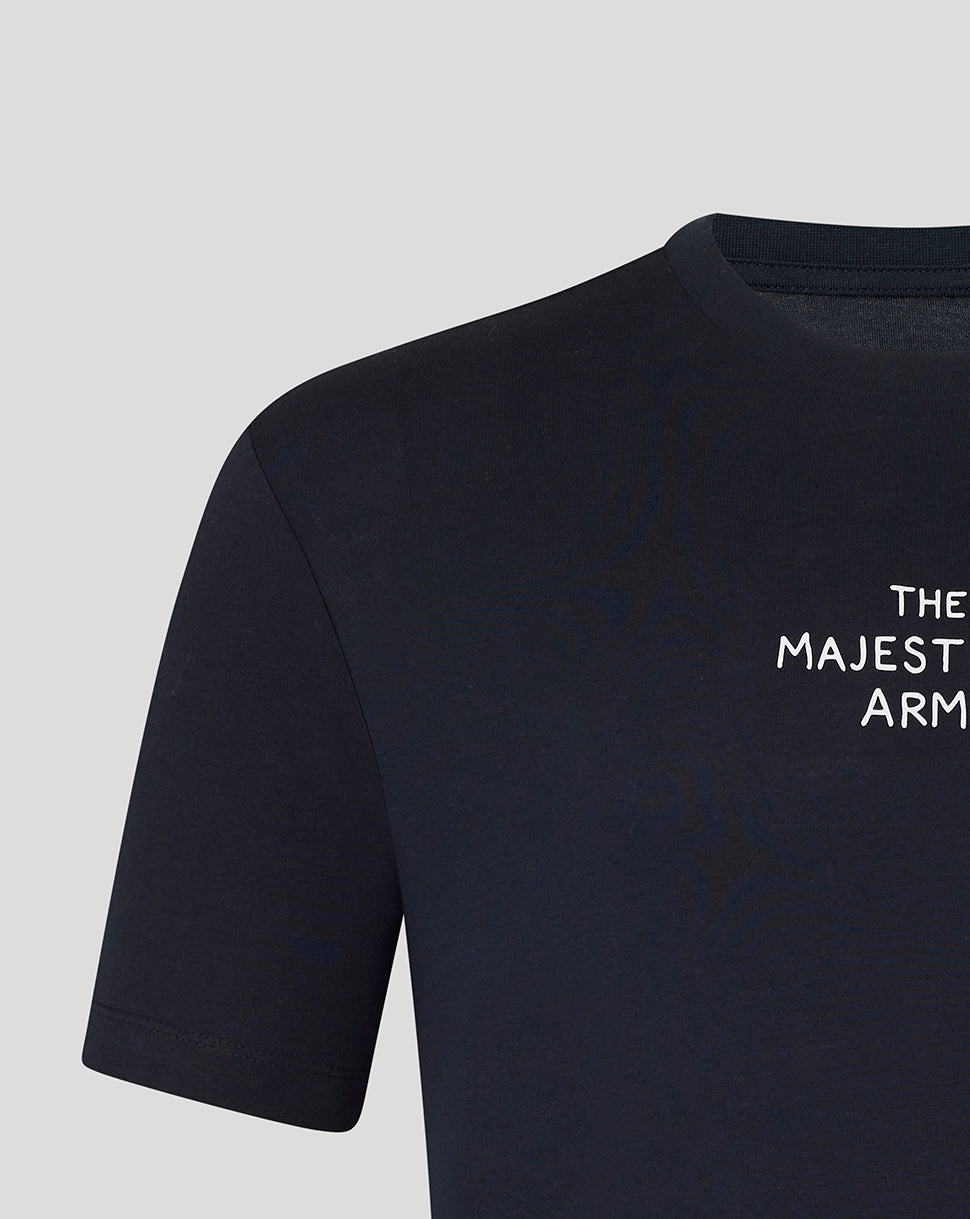 Close up of navy shirt chest area with white graphic text reading The Majesticks Arms