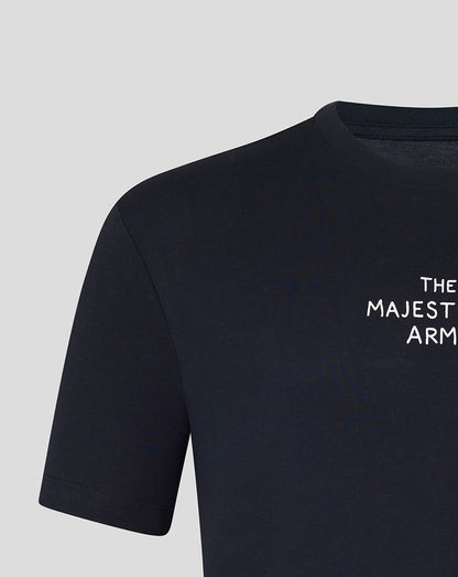 Close up of navy shirt chest area with white graphic text reading The Majesticks Arms