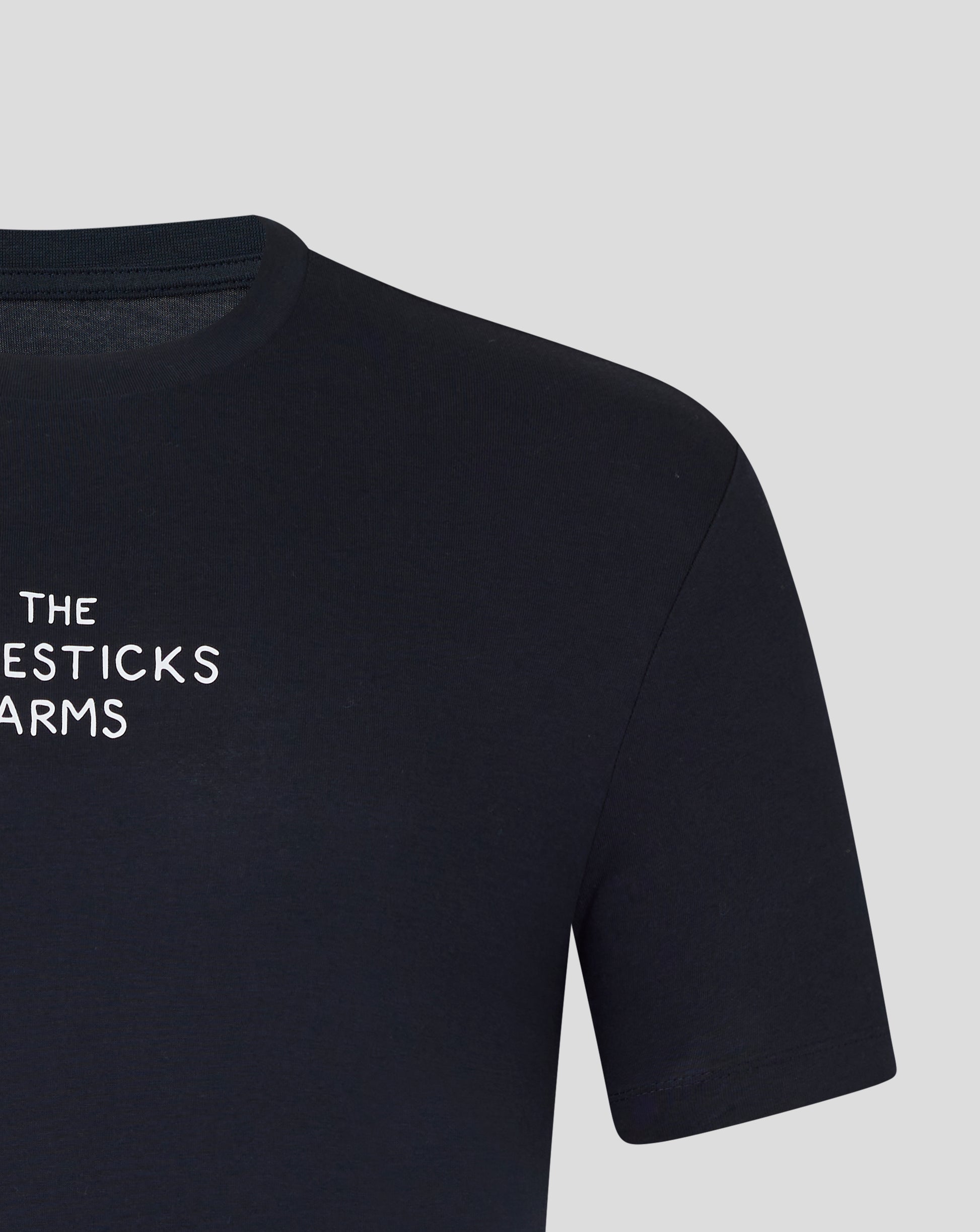 Close up of navy tee neckline and shoulder showing partial white print The Majesticks Arms