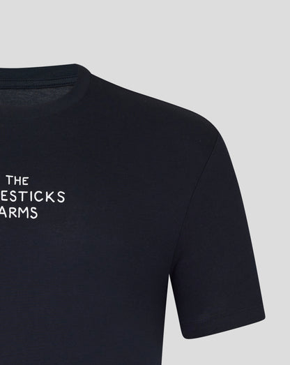Close up of navy tee neckline and shoulder showing partial white print The Majesticks Arms