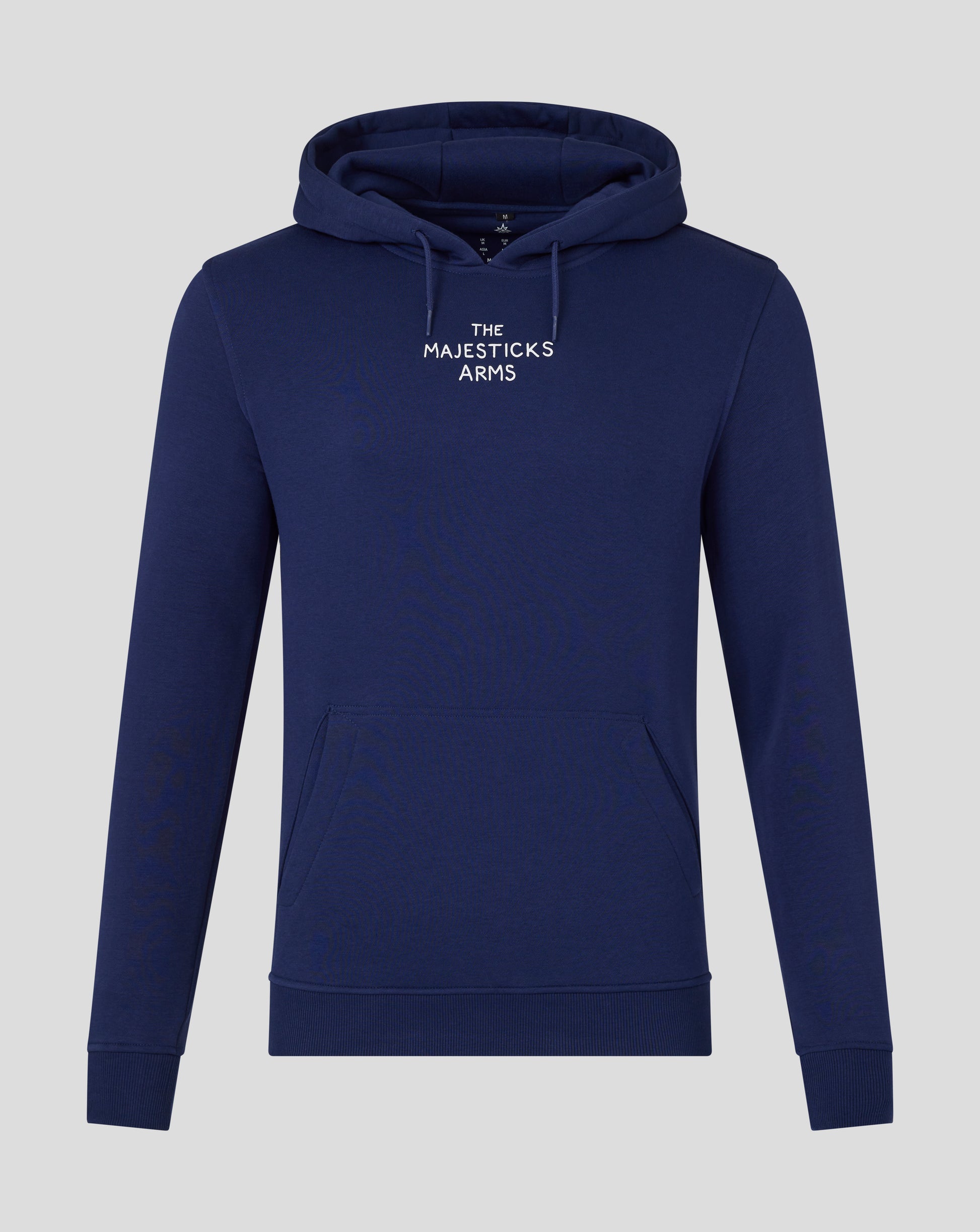 Navy Majesticks Arms Hoodie front view with white text on chest