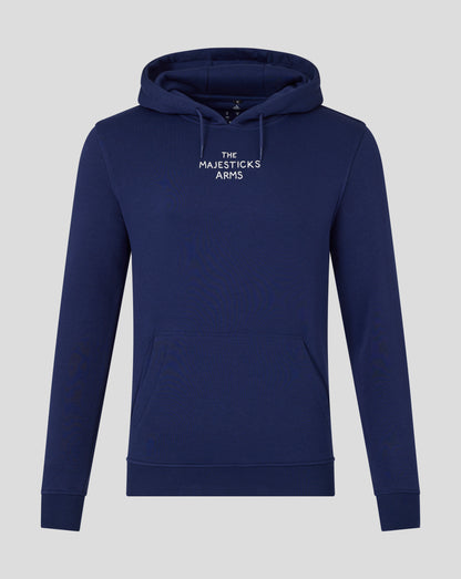 Navy Majesticks Arms Hoodie front view with white text on chest