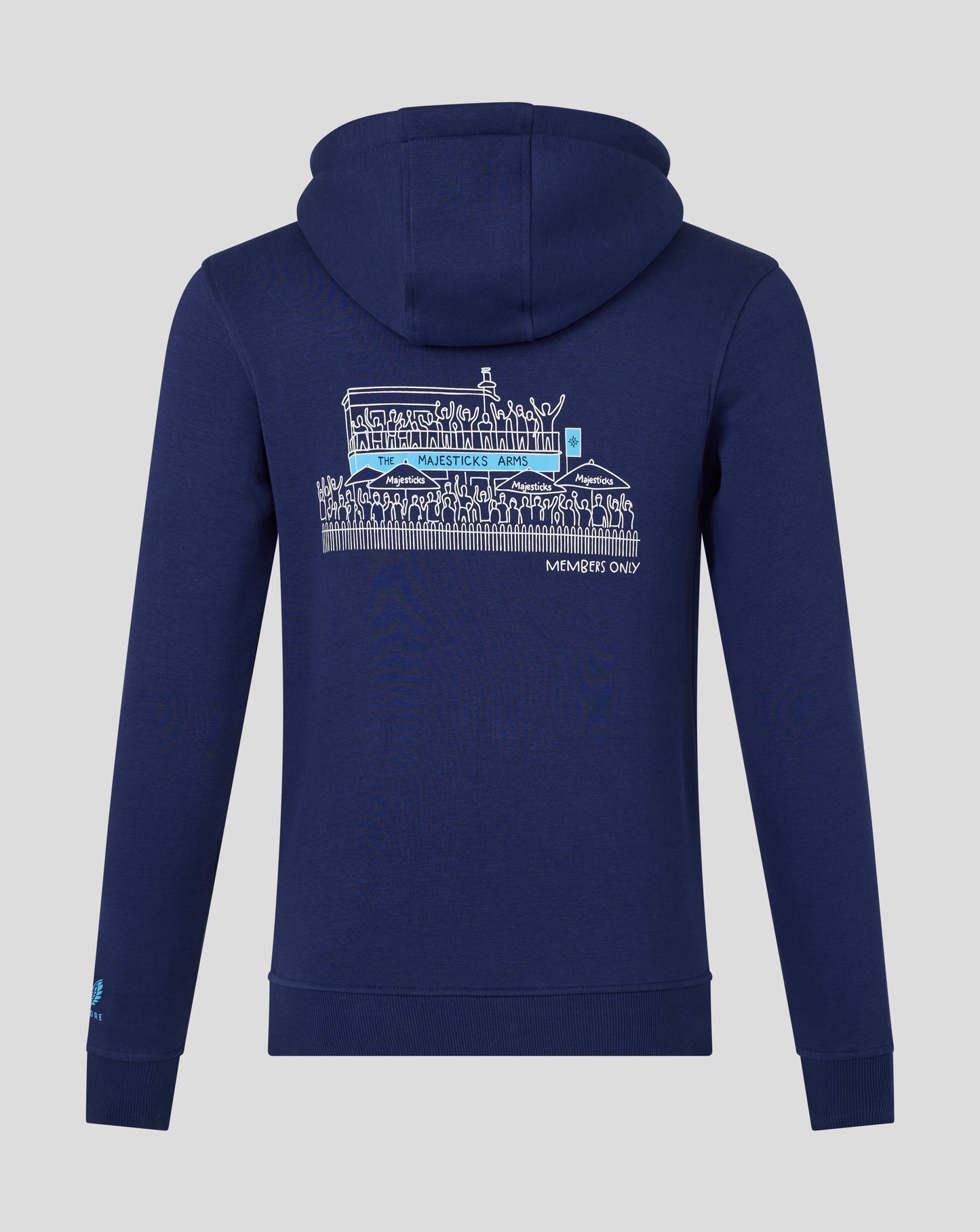 Back view of navy hoodie featuring a large white crowd illustration on a boat with The Majesticks Arms banner