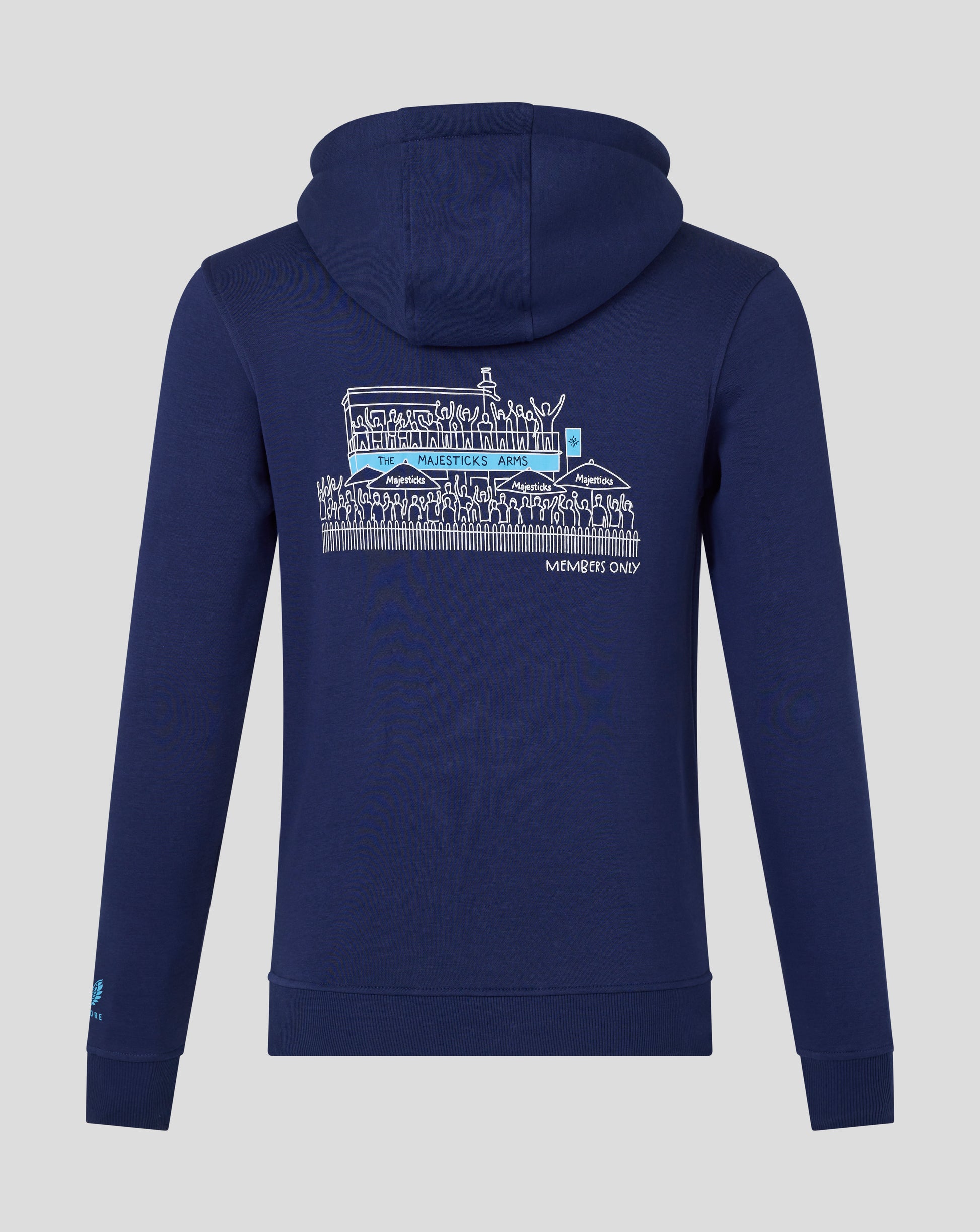 Back view of navy hoodie featuring a large white crowd illustration on a boat with The Majesticks Arms banner
