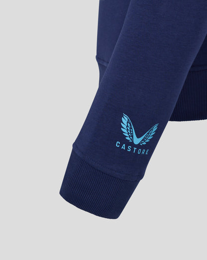 Close-up of a navy hoodie sleeve with a light blue crest logo near the cuff