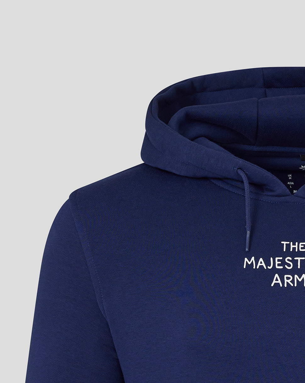 Navy Majesticks Arms hoodie with a drawstring hood and white text on the chest