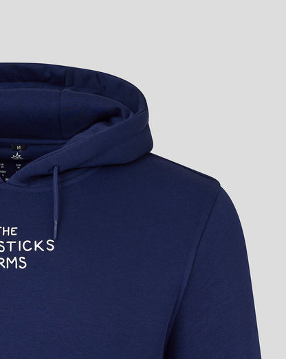 Close-up of navy hoodie back showing the back graphic and hood detail with the crowd illustration