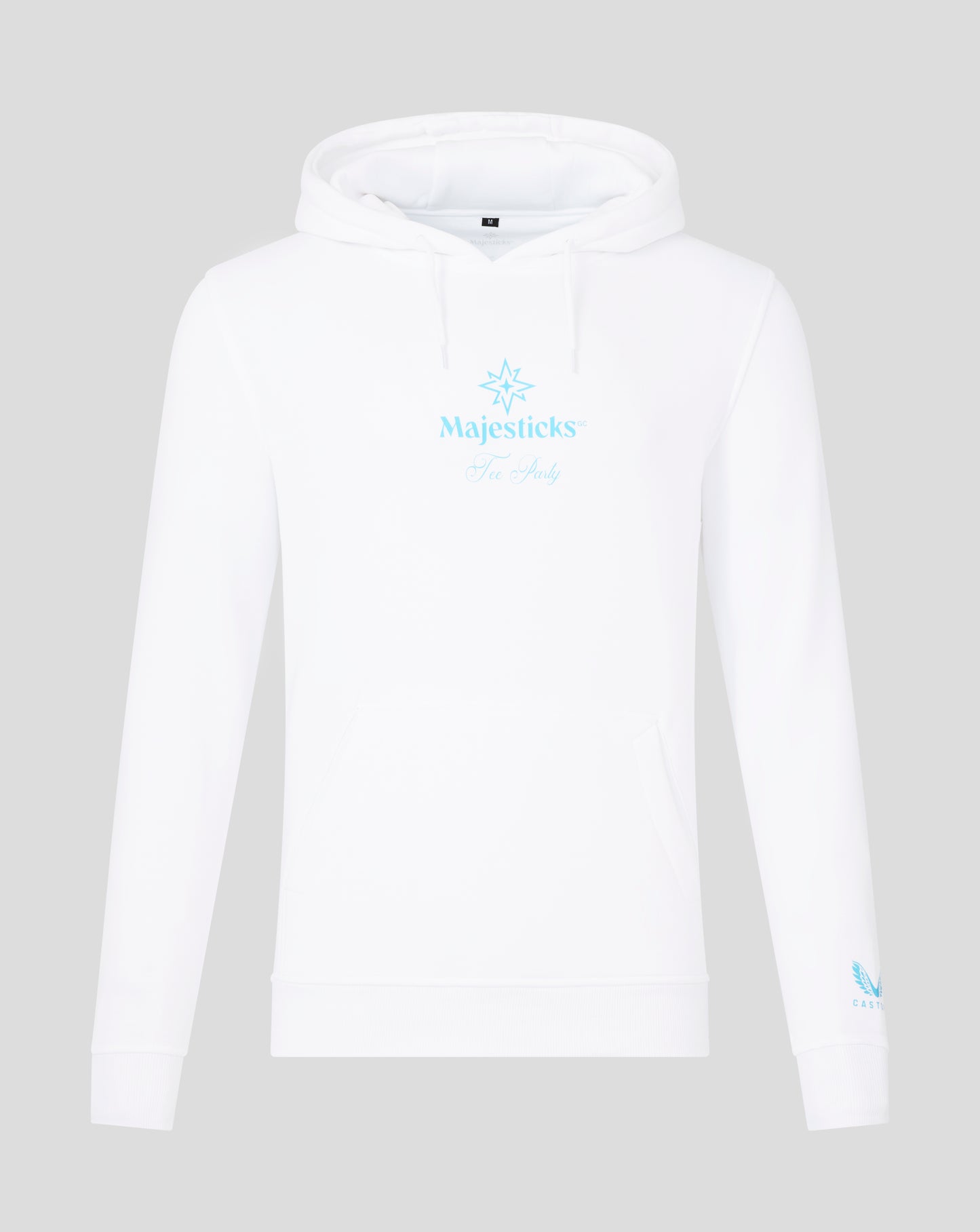 White Majesticks Tee Party hoodie featuring a blue logo on the chest