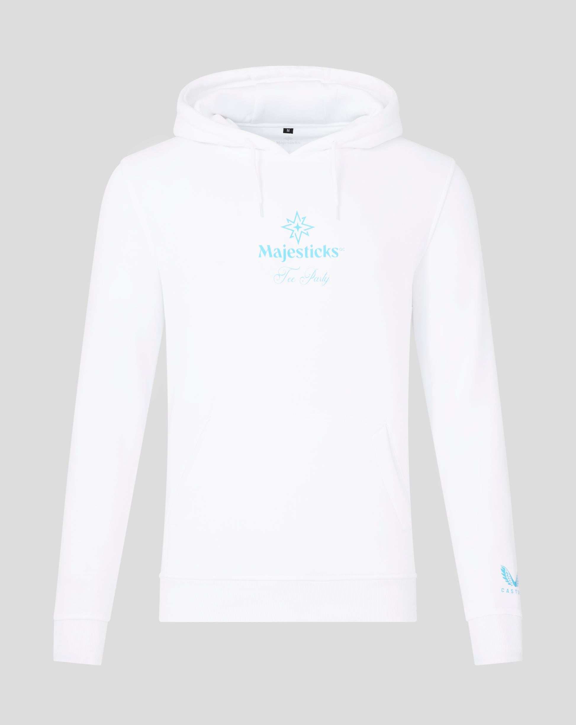 White Majesticks Tee Party hoodie featuring a blue logo on the chest