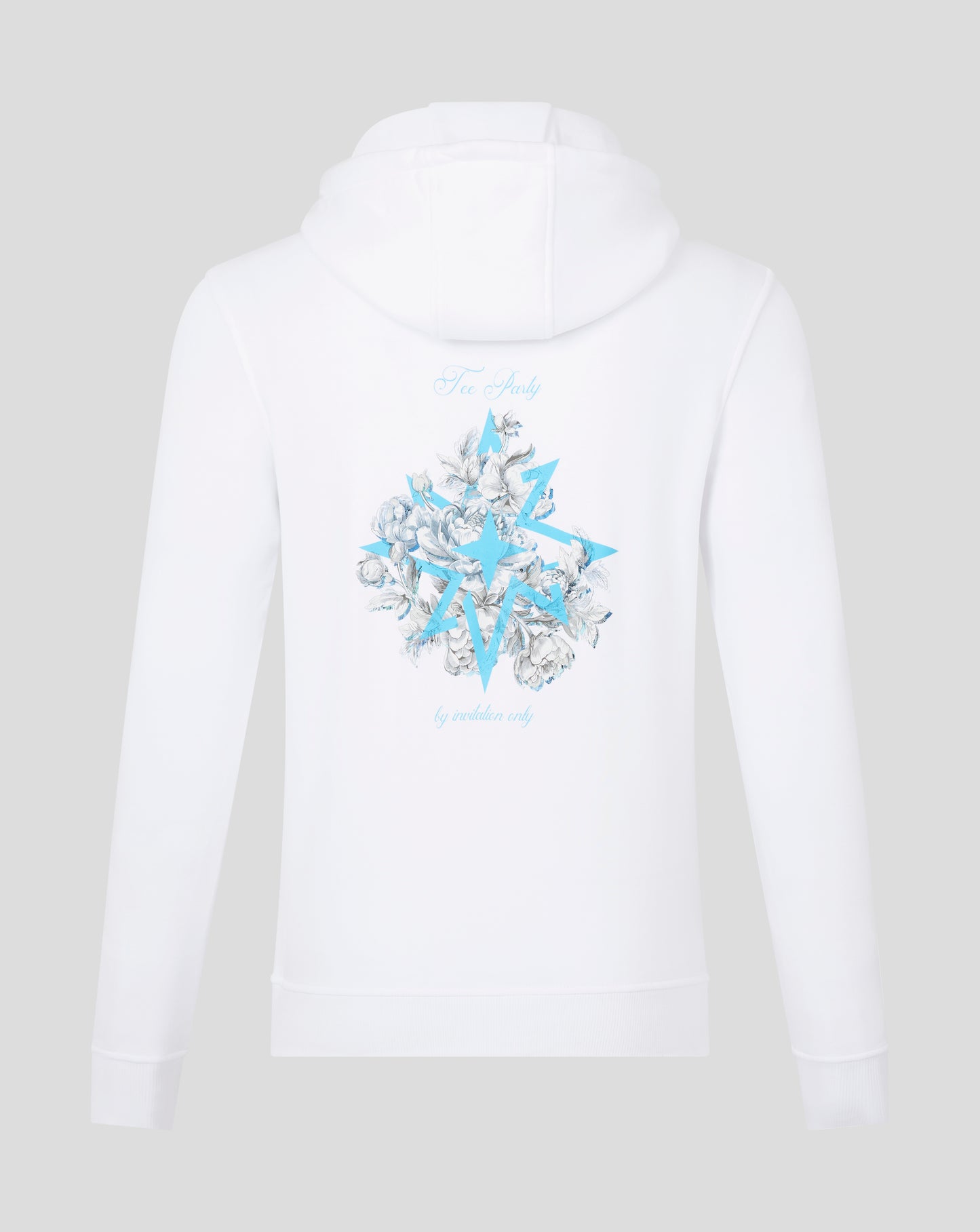 Back view of white Majesticks hoodie with a blue star and floral graphic on the lower back