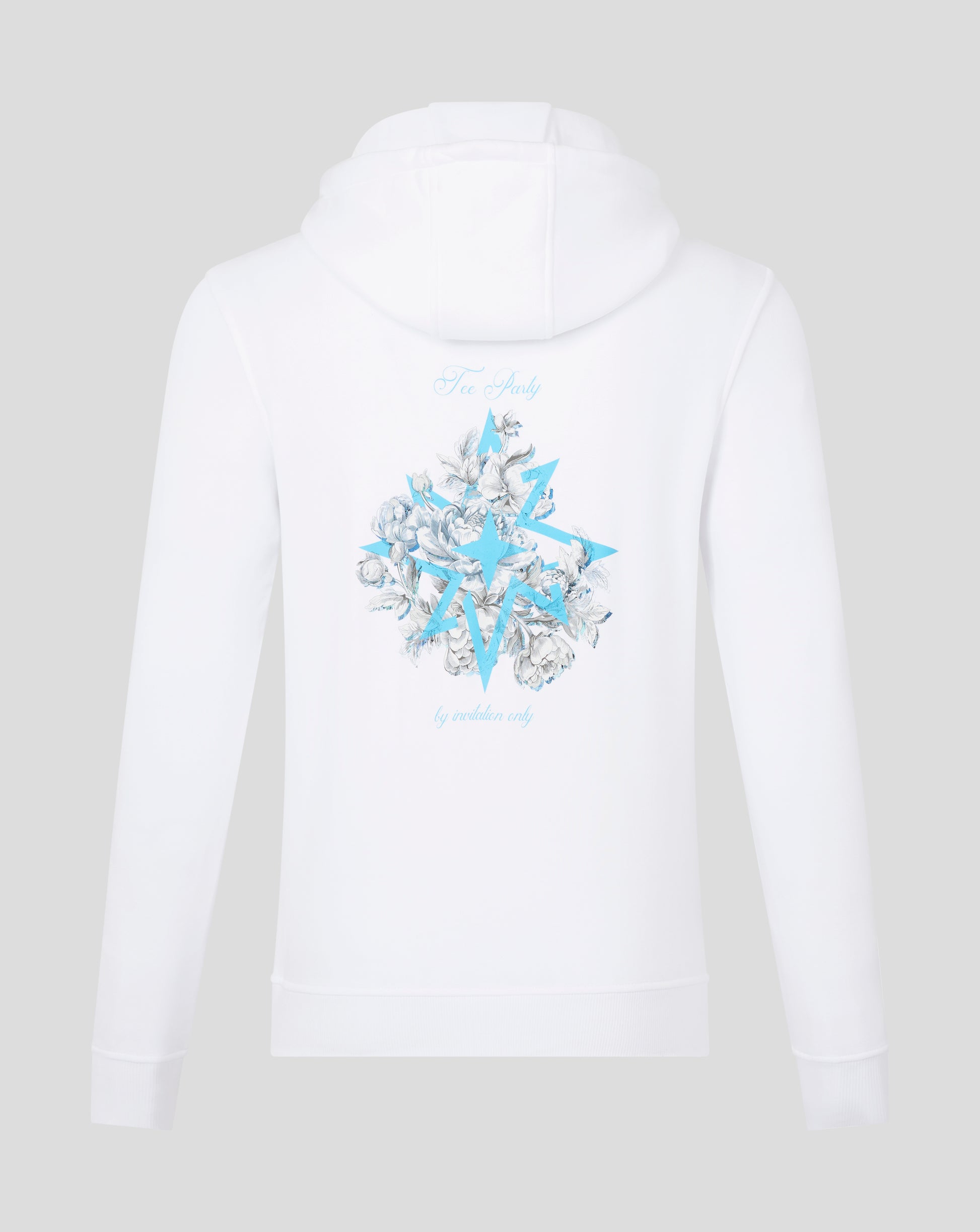 Back view of white Majesticks hoodie with a blue star and floral graphic on the lower back