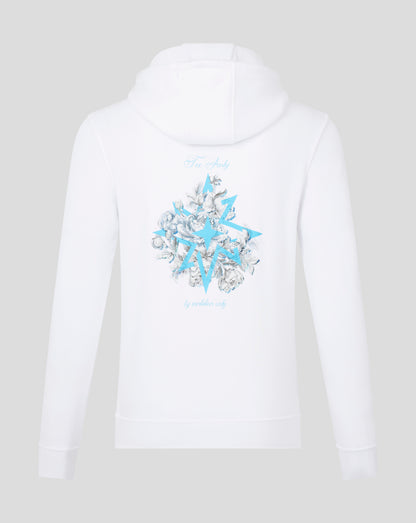 Back view of white Majesticks hoodie with a blue star and floral graphic on the lower back