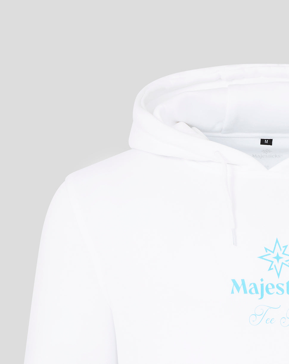 Front chest area of white Majesticks hoodie featuring a light blue star Graphic and script text