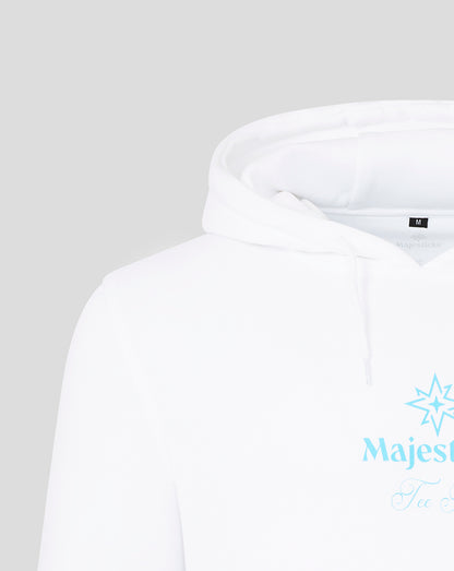 Front chest area of white Majesticks hoodie featuring a light blue star Graphic and script text