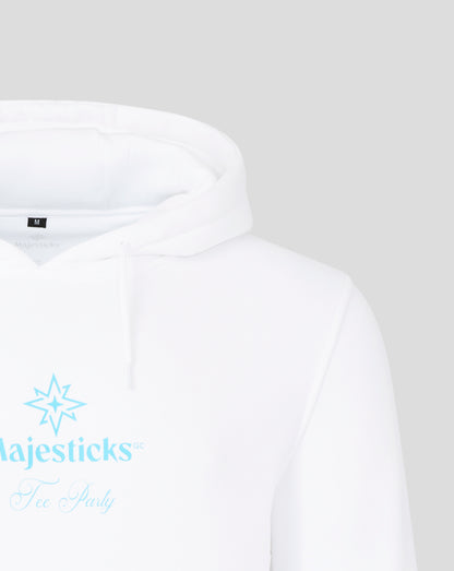 Close up of white Majesticks hoodie hood with size M tag at the neck and a faint interior logo