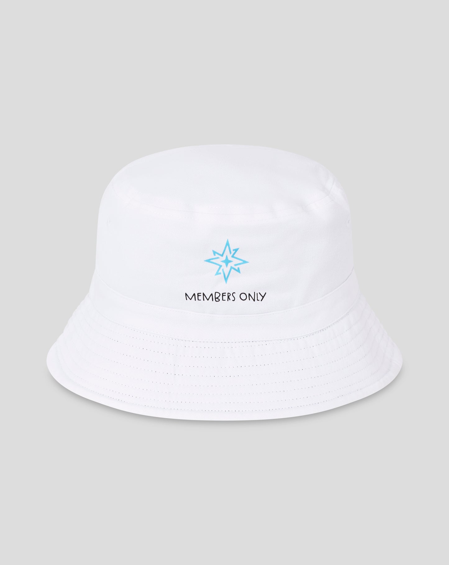 White bucket hat with a light blue star emblem and MEMBERS ONLY text on the front