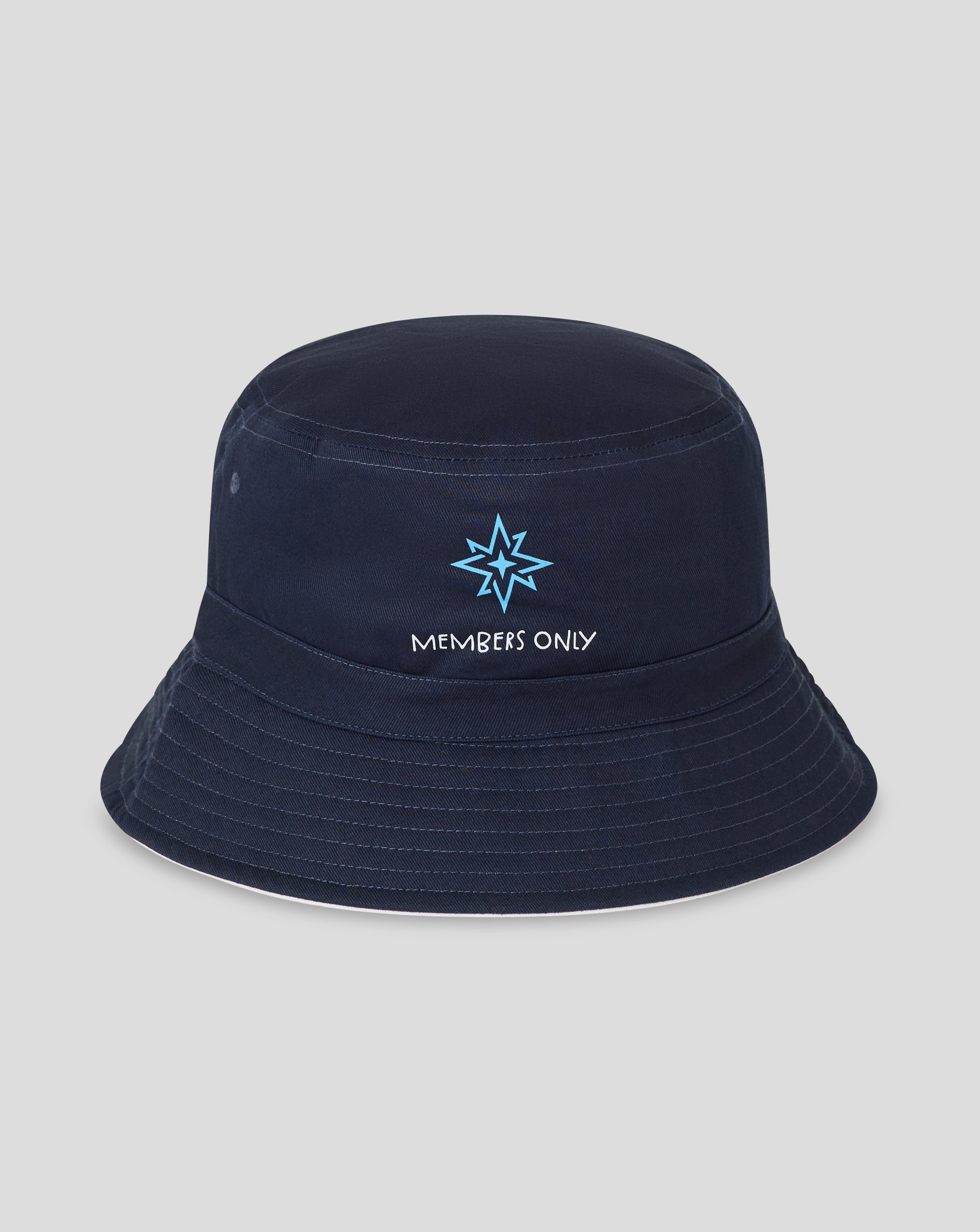 Navy reverse bucket hat with a light blue star emblem on the front