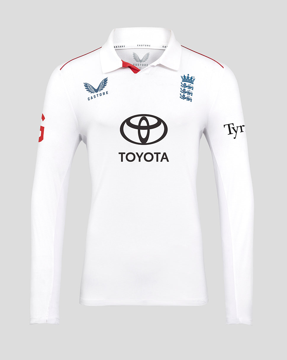 England men's white Test long sleeve cricket shirt with navy three lions crest and Toyota sponsor