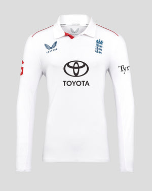 England men's white Test long sleeve cricket shirt with navy three lions crest and Toyota sponsor