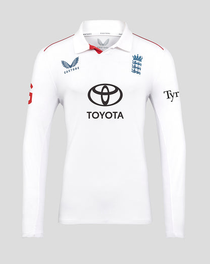 England men's white Test long sleeve cricket shirt with navy three lions crest and Toyota sponsor