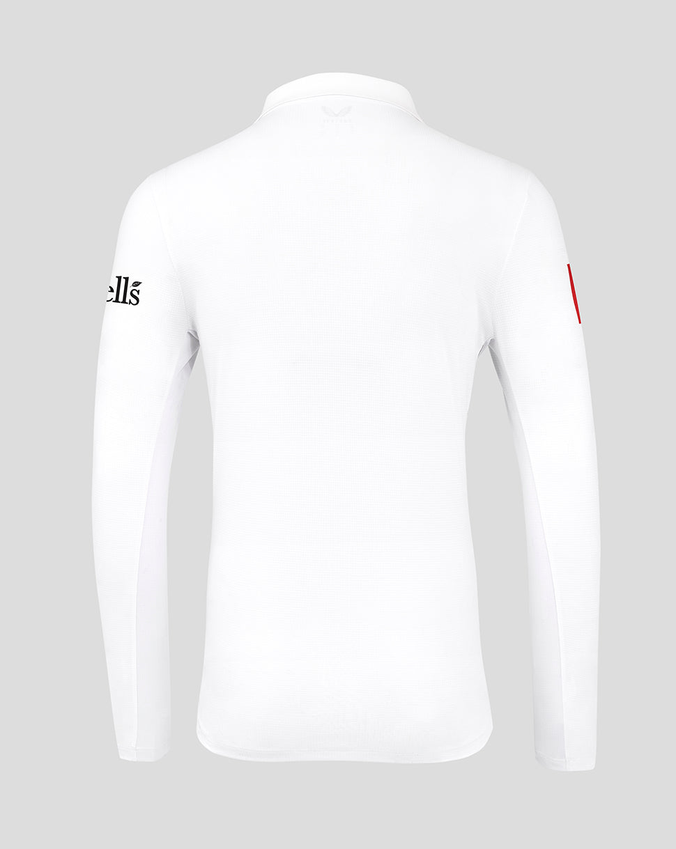 Back view of a white England Test long sleeve shirt with navy three lions crest at the neck and subtle branding on the sleeve