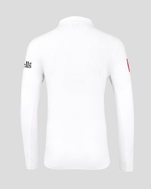 Back view of a white England Test long sleeve shirt with navy three lions crest at the neck and subtle branding on the sleeve