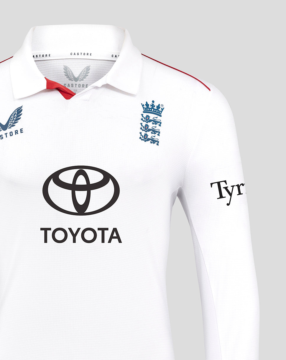 Front view of England cricket white polo featuring the Toyota logo on the chest, three lions crest, blue sleeves and TYR branding on the sleeve