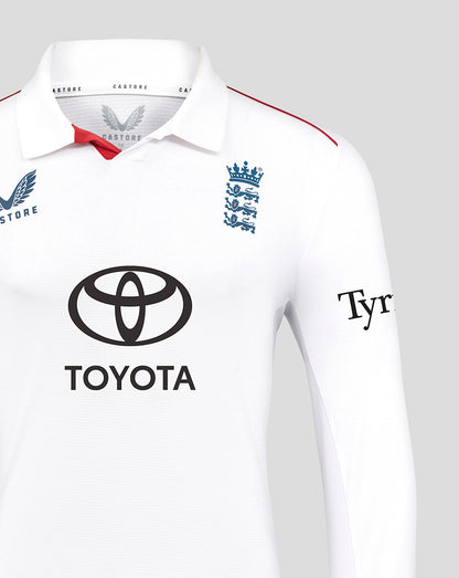 Front view of England cricket white polo featuring the Toyota logo on the chest, three lions crest, blue sleeves and TYR branding on the sleeve