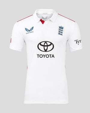 England cricket 26/27 Test Pro Short Sleeve Shirt white polo with navy three lions crest and Toyota logo