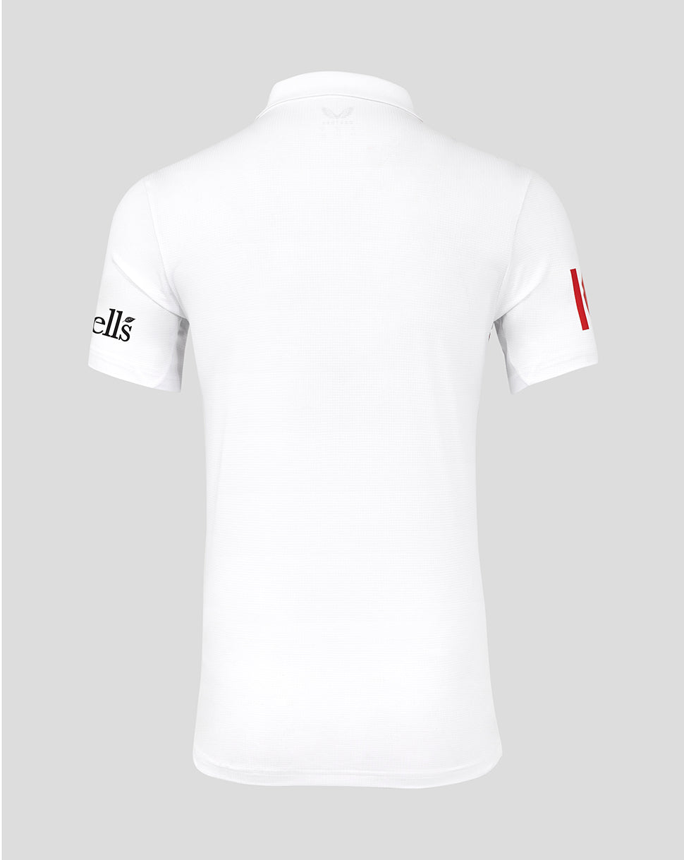 Back view of white England Test Pro Short Sleeve Shirt with small crest at neck and sleeve branding