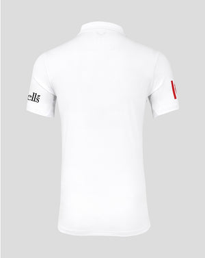 Back view of white England Test Pro Short Sleeve Shirt with small crest at neck and sleeve branding