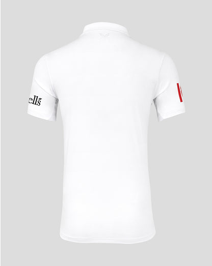 Back view of white England Test Pro Short Sleeve Shirt with small crest at neck and sleeve branding
