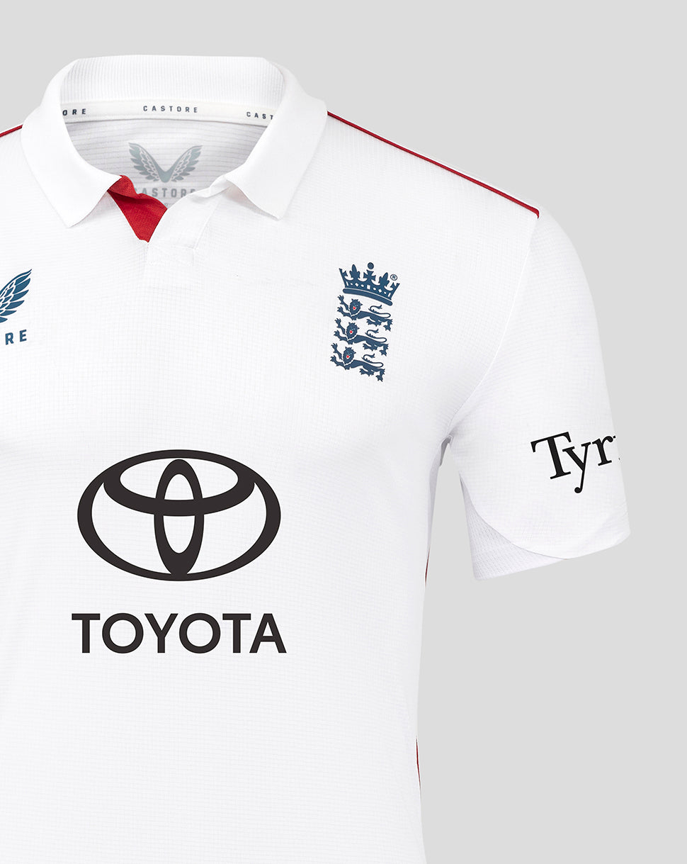 White England Test pro short sleeve cricket shirt featuring navy three lions crest and Toyota logo