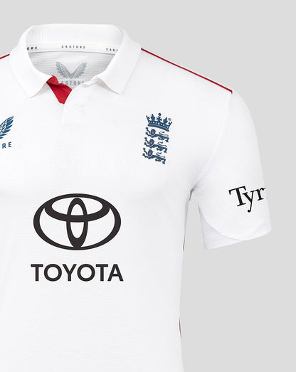 White England Test pro short sleeve cricket shirt featuring navy three lions crest and Toyota logo