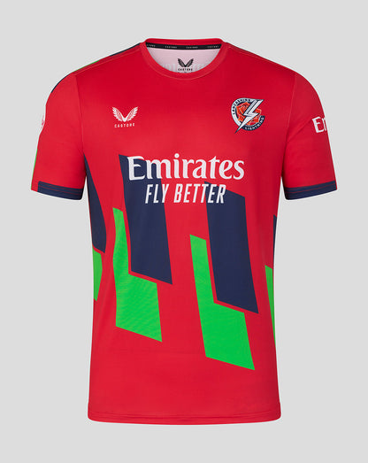 Red sports jersey with Emirates branding on a gray background