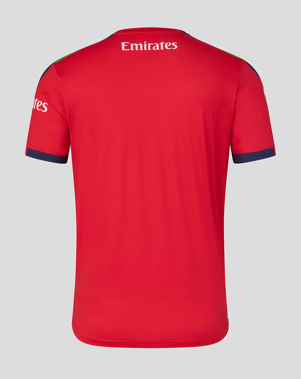 Back view of red Lancashire T20 jersey with Emirates logo centered near the neck and navy cuff trim.