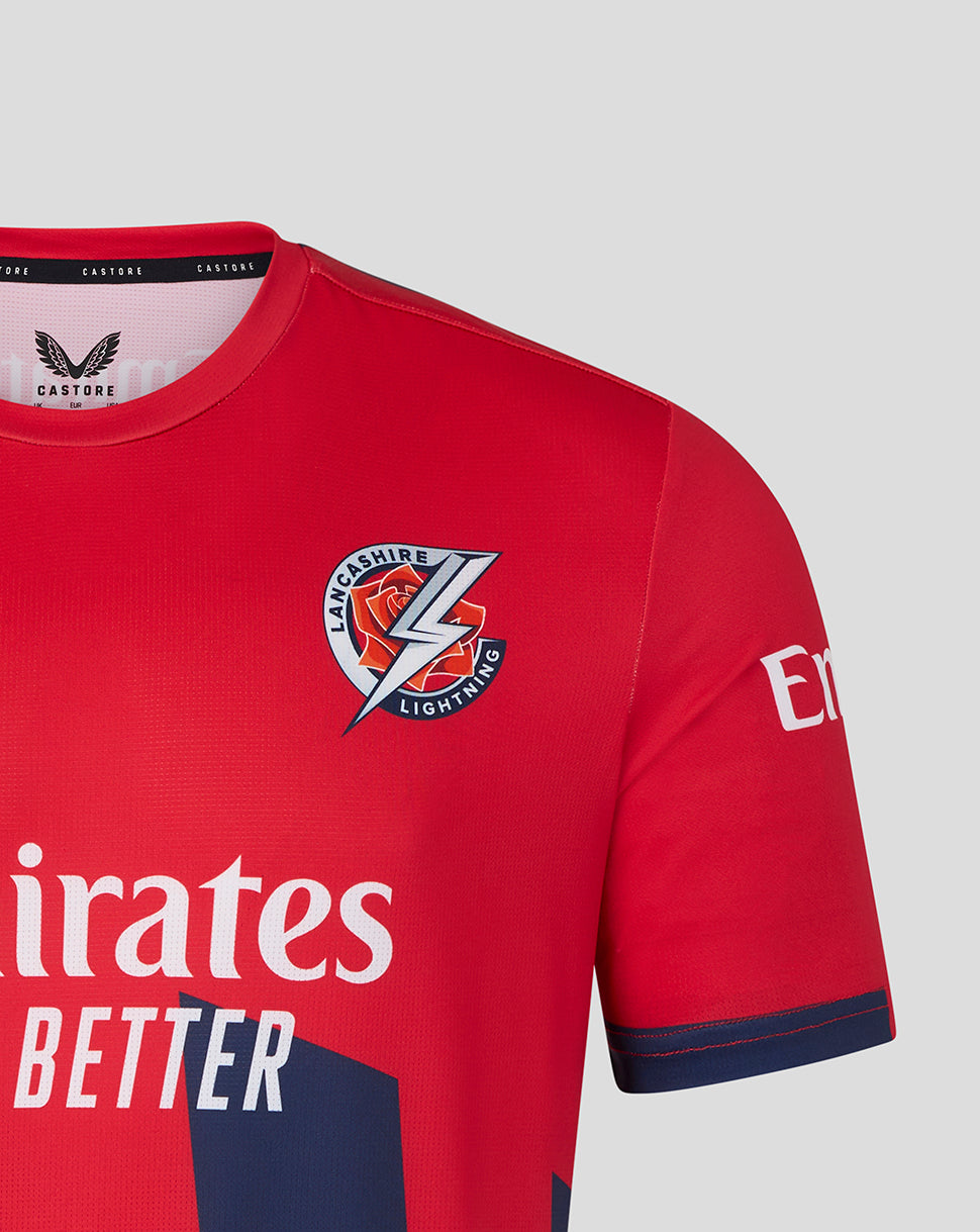 Red sports jersey with branding and logo on a gray background