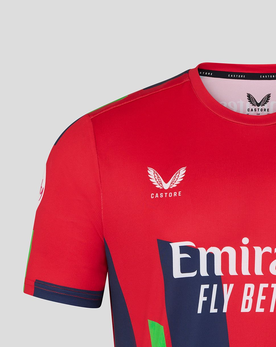 Red sports jersey with visible branding on a gray background