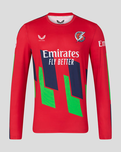Lancashire Lightning red T20 long sleeve jersey with bold geometric navy and lime blocks and Emirates sponsor across the chest