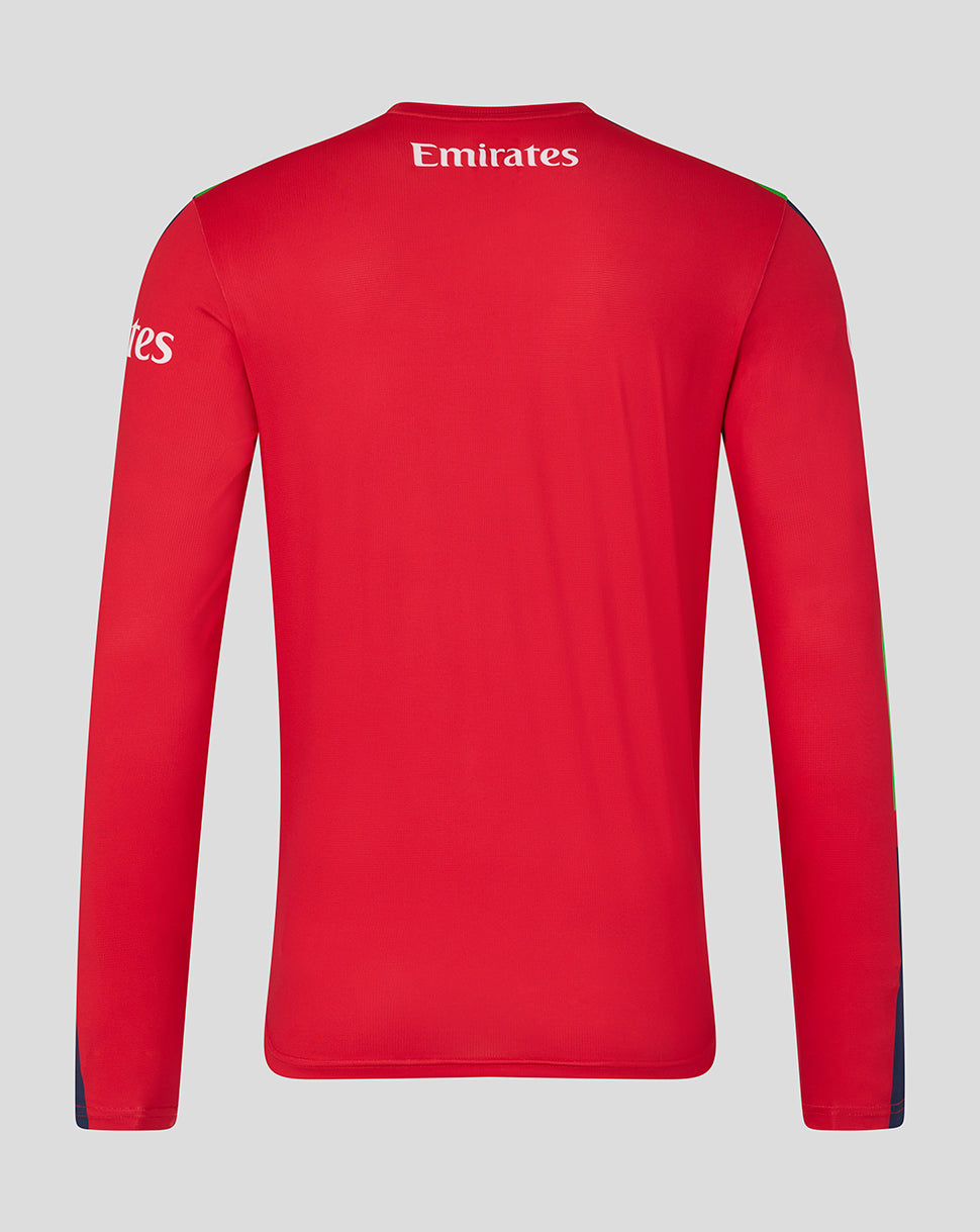 Red long-sleeve shirt with Emirates logo on a gray background