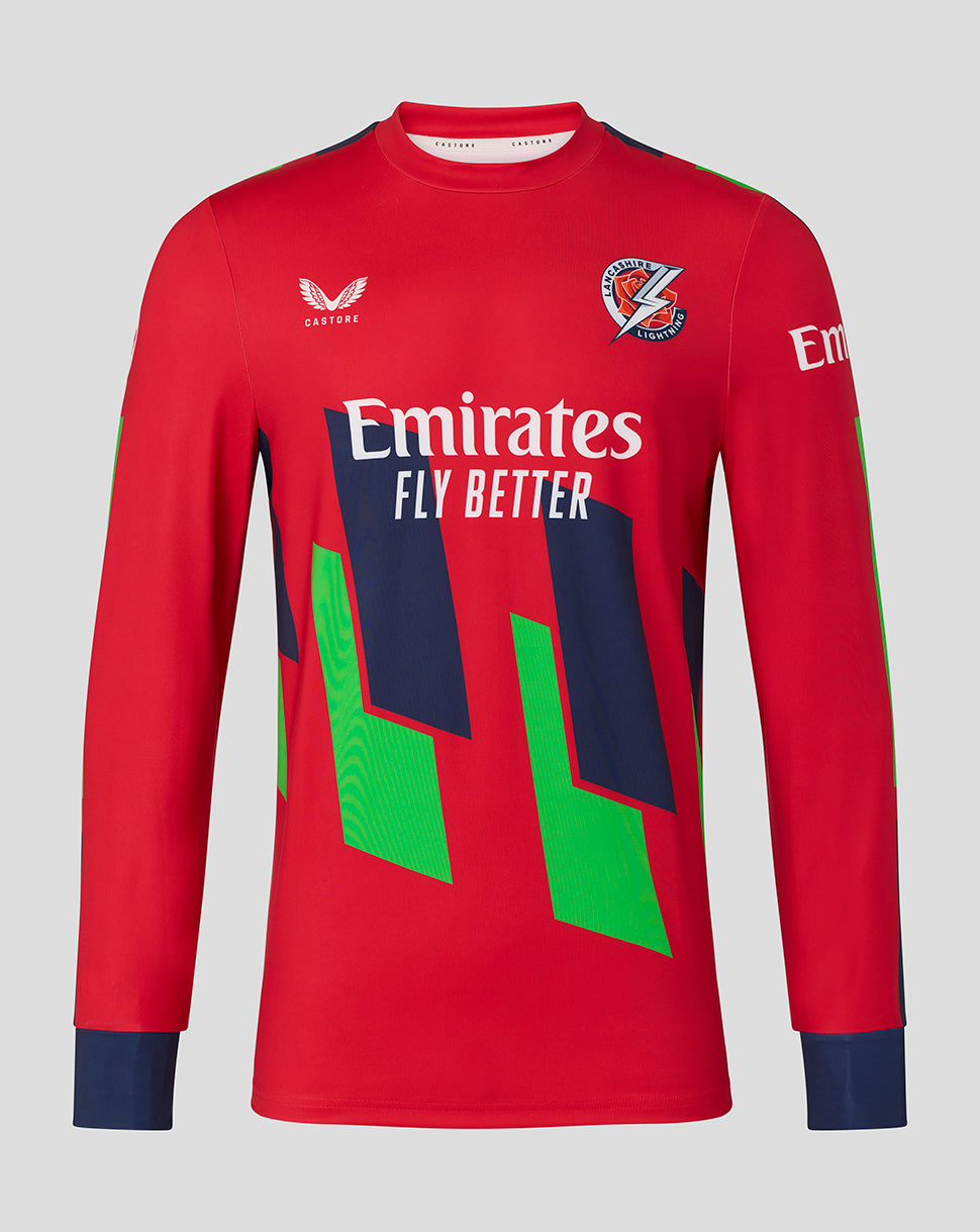 Front view of Lancashire Cricket red 26/27 T20 sweatshirt with club crest on left chest, Emirates sponsor across the torso and bold geometric graphics.