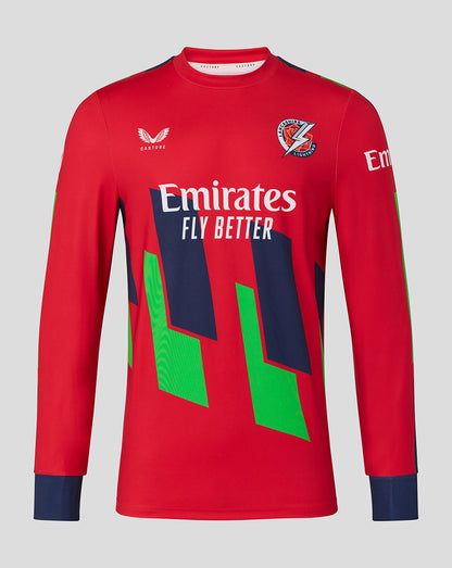 Front view of Lancashire Cricket red 26/27 T20 sweatshirt with club crest on left chest, Emirates sponsor across the torso and bold geometric graphics.