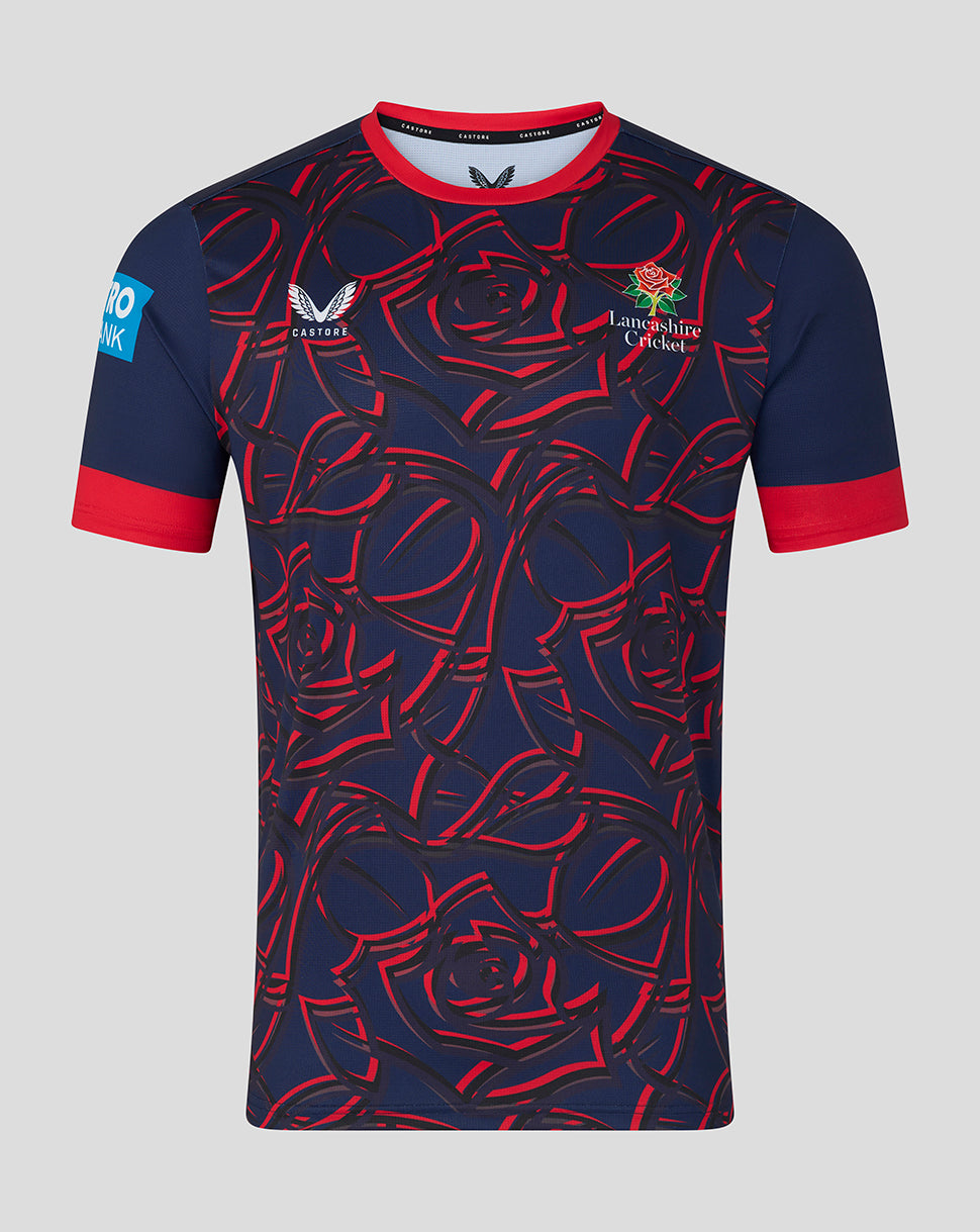 Front view of navy Lancashire Cricket ODI short sleeve jersey with red rose motif and red cuffs