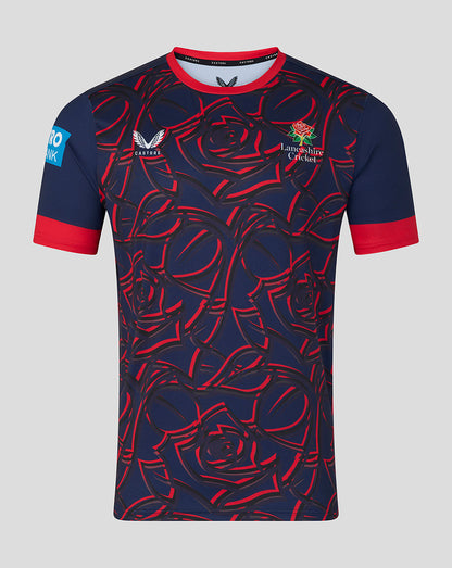 Front view of navy Lancashire Cricket ODI short sleeve jersey with red rose motif and red cuffs