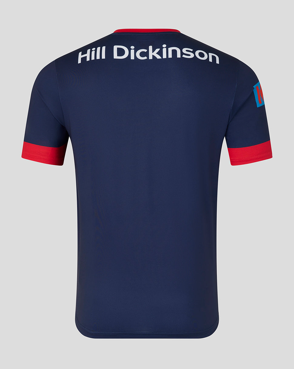 Back view of a navy Lancashire Cricket 26/27 ODI jersey with red sleeve cuffs and Hill Dickinson lettering across the shoulders