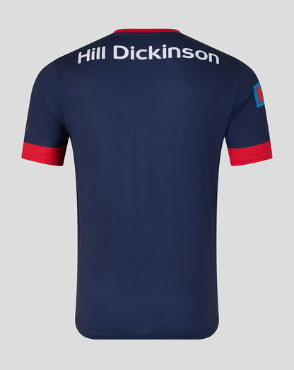 Back view of a navy Lancashire Cricket 26/27 ODI jersey with red sleeve cuffs and Hill Dickinson lettering across the shoulders