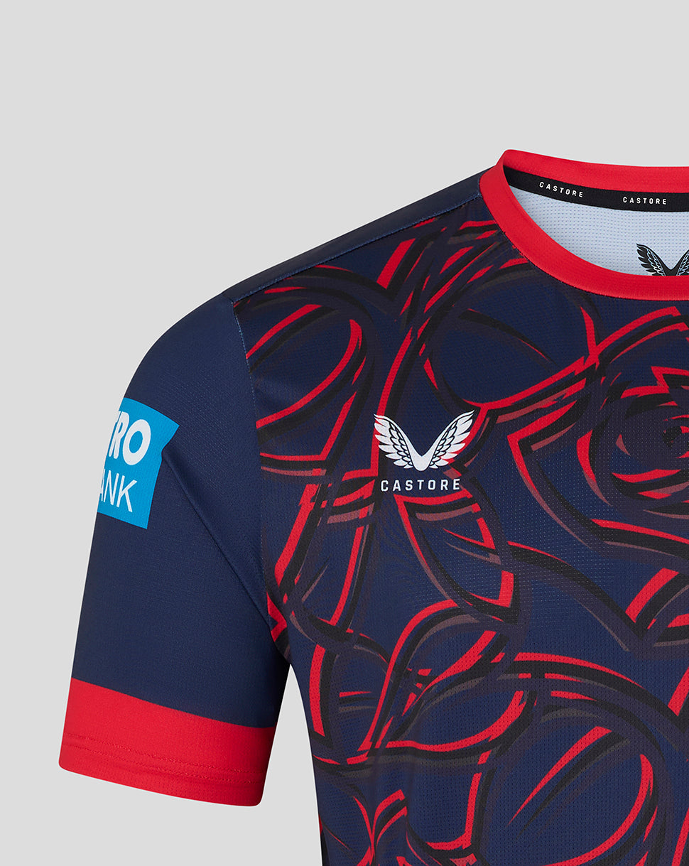 Front view of the navy 26/27 ODI jersey featuring a bold red sublimated rose motif, Castore logo and a Metro Bank sleeve patch