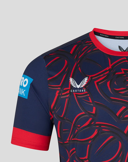 Front view of the navy 26/27 ODI jersey featuring a bold red sublimated rose motif, Castore logo and a Metro Bank sleeve patch