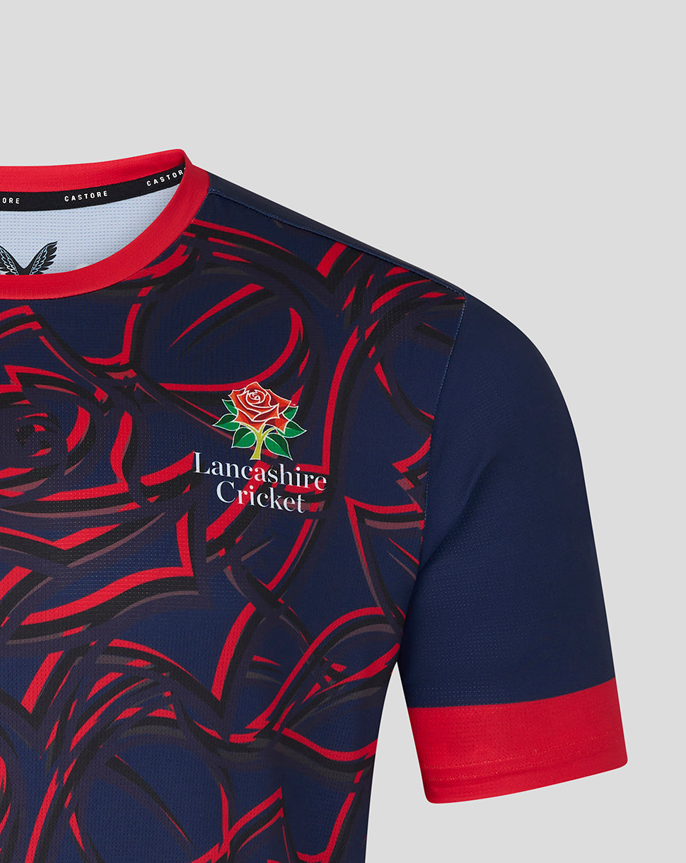 Lancashire Cricket navy short sleeve ODI jersey with red rose motif and team crest on the chest